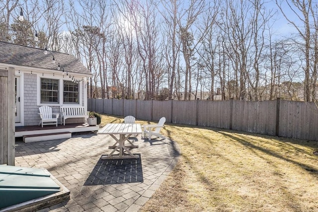 view of patio featuring a deck and a fenced backyard