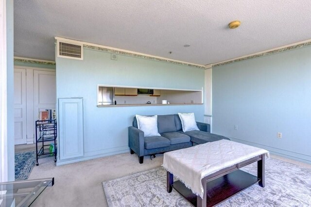 living area with a textured ceiling, carpet floors, and baseboards