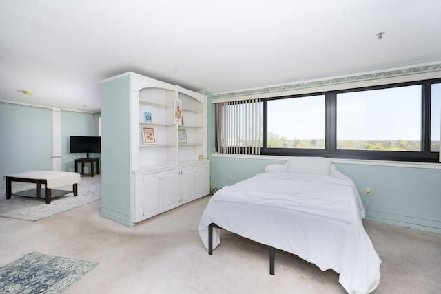 bedroom featuring light colored carpet and baseboards