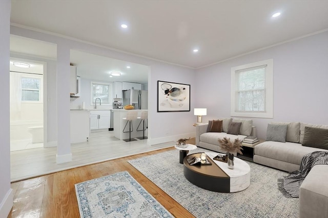 73 Laurie Ave, Abington, MA 02351 - living area featuring crown molding, baseboards, and light wood-type flooring