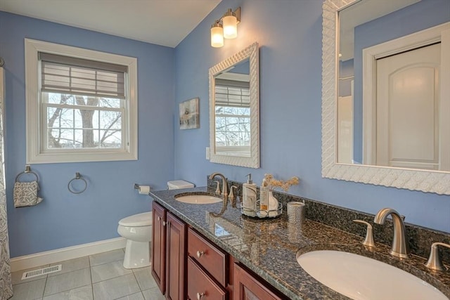 bathroom with toilet, tile patterned flooring, and vanity