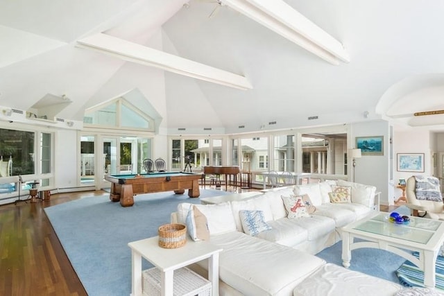 188 S St, Yarmouth, MA 02664 - living room featuring high vaulted ceiling, wood finished floors, french doors, and billiards