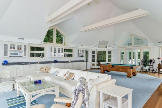 188 S St, Yarmouth, MA 02664 - living room featuring high vaulted ceiling, visible vents, french doors, and billiards