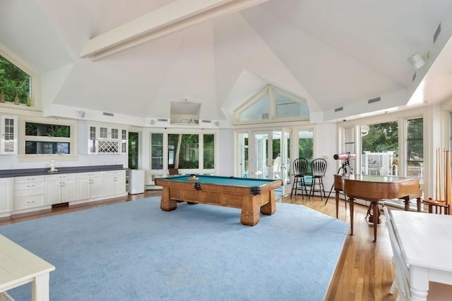 188 S St, Yarmouth, MA 02664 - game room featuring french doors, high vaulted ceiling, light wood finished floors, visible vents, and billiards