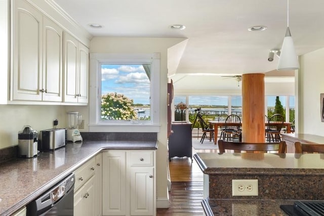 188 S St, Yarmouth, MA 02664 - kitchen with dark wood-style flooring, white cabinets, a ceiling fan, and dishwasher