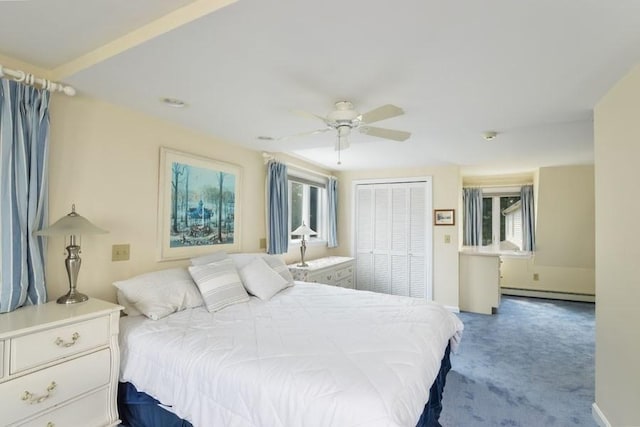 188 S St, Yarmouth, MA 02664 - bedroom with a closet, carpet flooring, ceiling fan, and baseboard heating