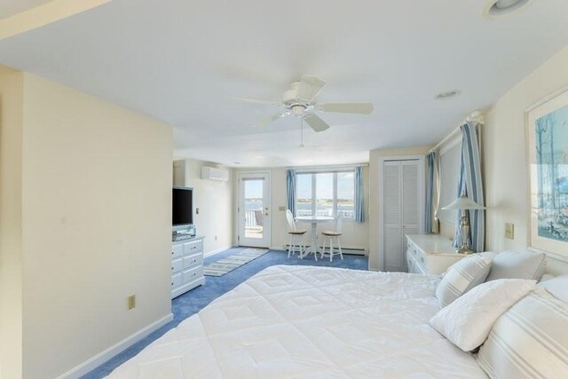 188 S St, Yarmouth, MA 02664 - carpeted bedroom featuring access to exterior, a closet, baseboards, an AC wall unit, and ceiling fan