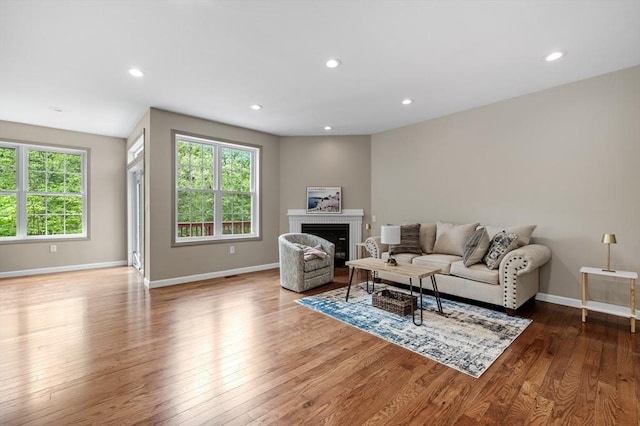 233A Green St Unit A, Boylston, MA 01505 - living room featuring wood finished floors, recessed lighting, baseboards, and a glass covered fireplace