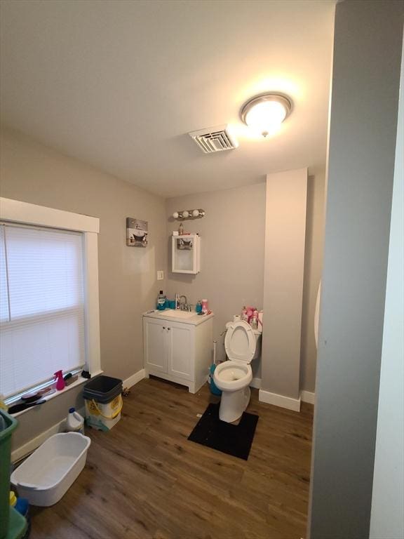 bathroom with vanity, toilet, and wood-type flooring