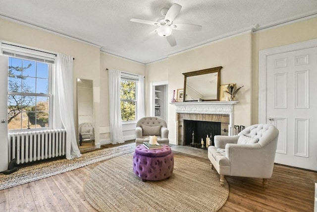 824 Tucker Rd, Dartmouth, MA 02747 - sitting room featuring radiator, a ceiling fan, a fireplace, hardwood / wood-style floors, and crown molding