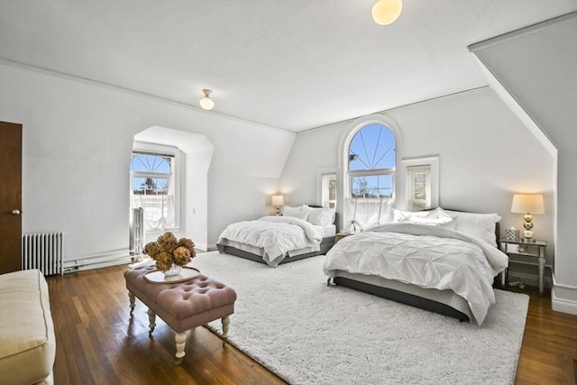 824 Tucker Rd, Dartmouth, MA 02747 - bedroom featuring radiator, vaulted ceiling, wood finished floors, and baseboards