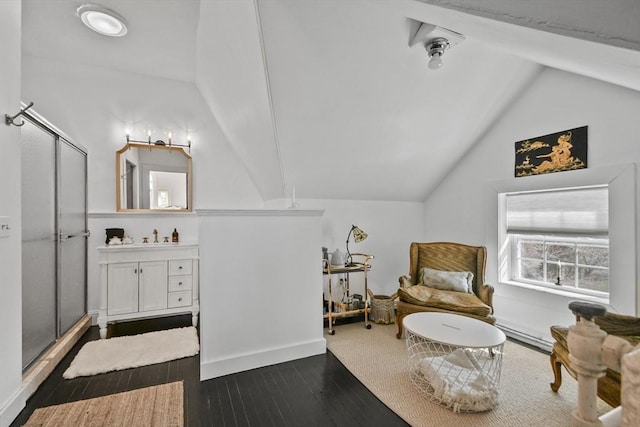 824 Tucker Rd, Dartmouth, MA 02747 - living area with lofted ceiling, dark wood-style flooring, a baseboard radiator, and baseboards