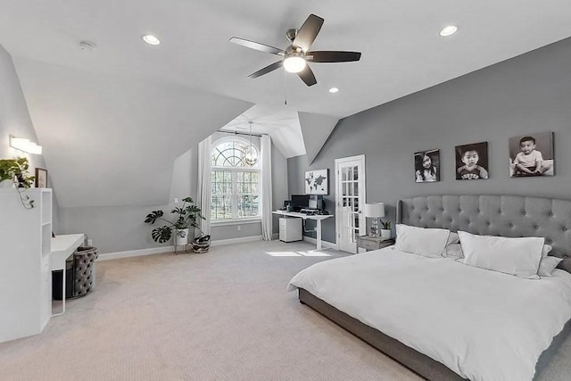 bedroom featuring lofted ceiling, light carpet, baseboards, ceiling fan, and recessed lighting