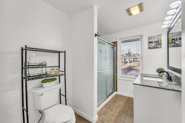 bathroom featuring tile patterned floors, a stall shower, toilet, and baseboards