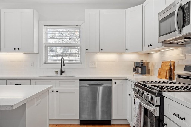 kitchen with white cabinetry, sink, decorative backsplash, and stainless steel appliances