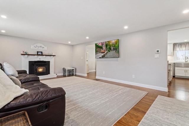 living room with sink and hardwood / wood-style floors