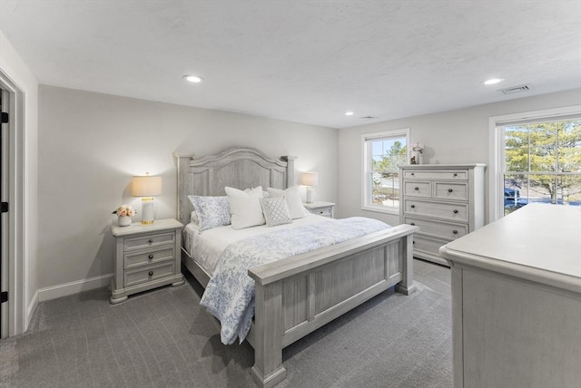 bedroom with recessed lighting, carpet, visible vents, and baseboards