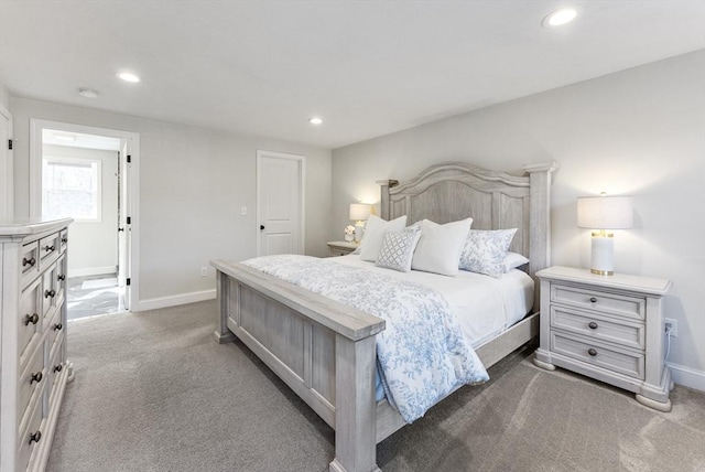 bedroom with carpet flooring, recessed lighting, and baseboards