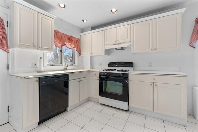 kitchen with gas stove, black dishwasher, sink, and light tile patterned floors