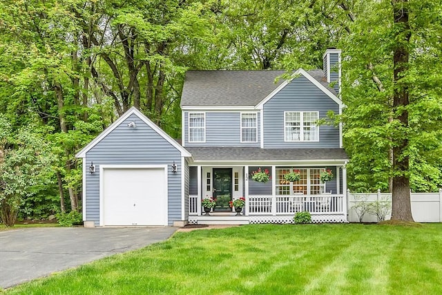 12 Blueberry Ln, Hudson, MA 01749 - traditional home with a porch, asphalt driveway, a shingled roof, a chimney, and a garage