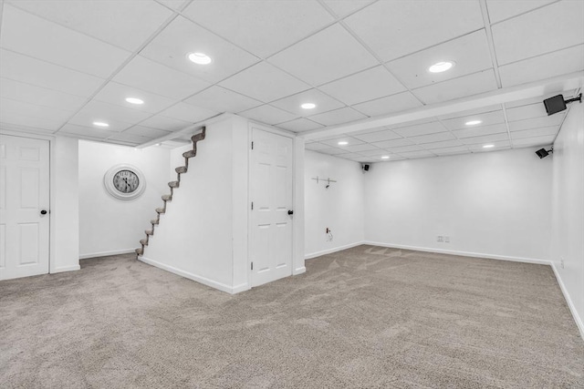 12 Blueberry Ln, Hudson, MA 01749 - finished basement with carpet flooring, stairway, baseboards, recessed lighting, and a drop ceiling