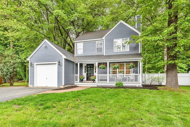 12 Blueberry Ln, Hudson, MA 01749 - traditional-style home with a porch, asphalt driveway, a garage, roof with shingles, and a chimney