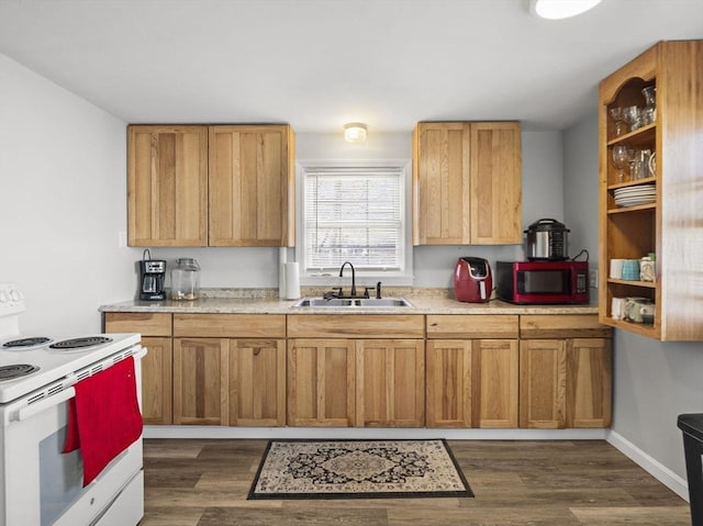 kitchen with sink, white electric range, and dark wood-type flooring