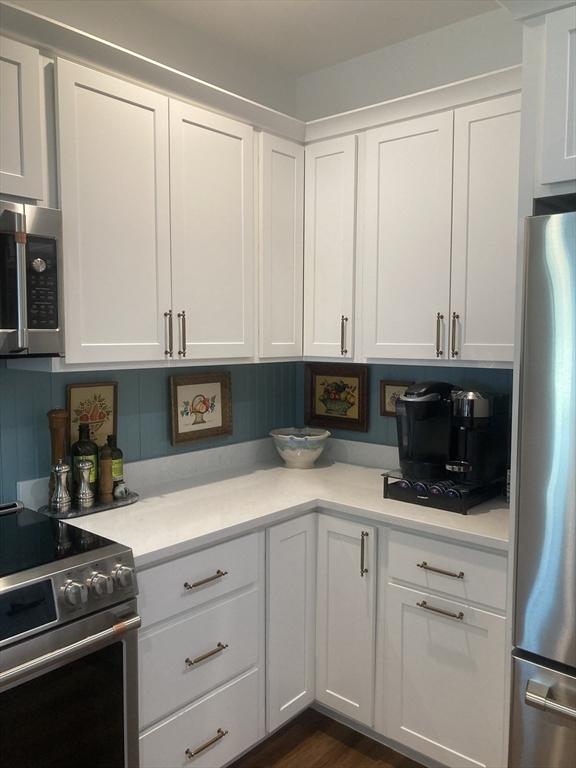 8 Salisbury Hill Blvd Unit 76, Worcester, MA 01609 - kitchen with appliances with stainless steel finishes, white cabinetry, and light countertops
