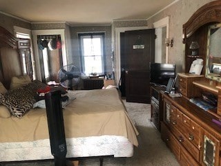 bedroom featuring a closet, ornamental molding, and carpet floors