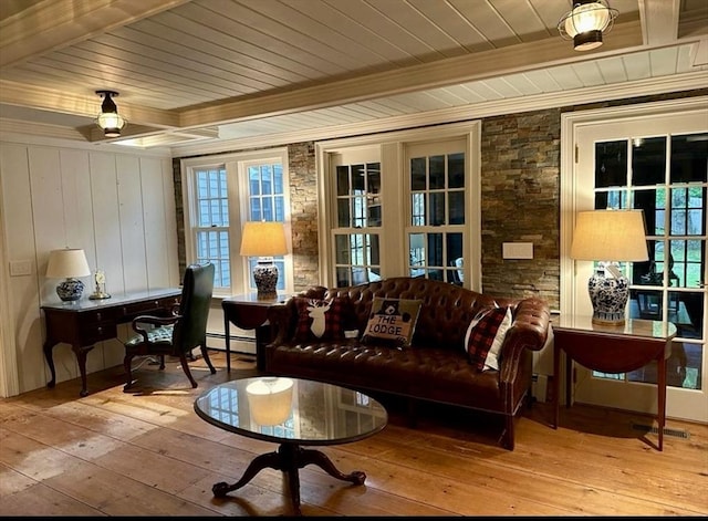 14 Alderbrook Dr, Topsfield, MA 01983 - living area with wooden ceiling, crown molding, hardwood / wood-style flooring, and a baseboard heating unit
