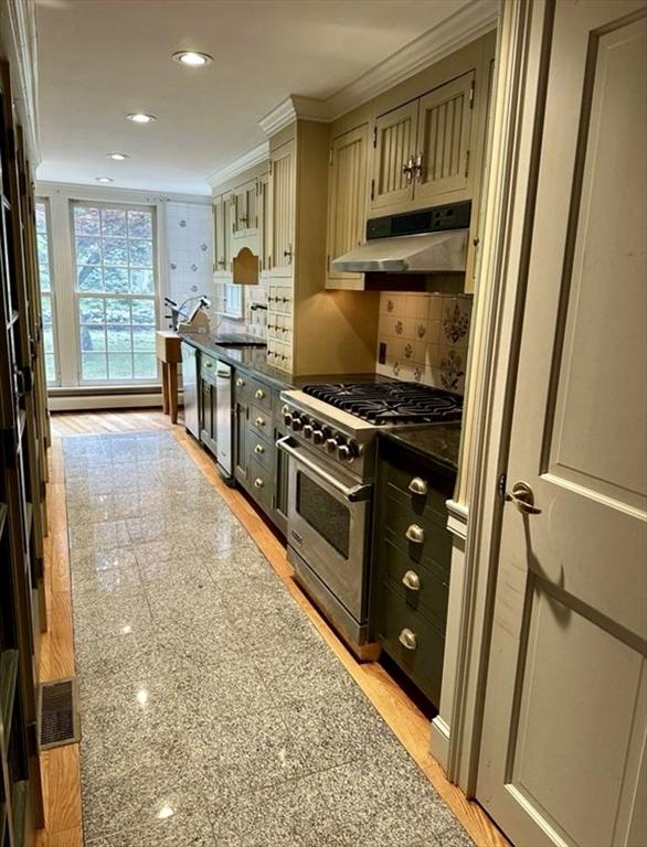 14 Alderbrook Dr, Topsfield, MA 01983 - kitchen with appliances with stainless steel finishes, under cabinet range hood, ornamental molding, tasteful backsplash, and recessed lighting