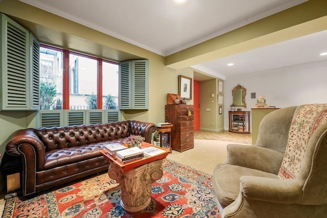 living room with light carpet and ornamental molding