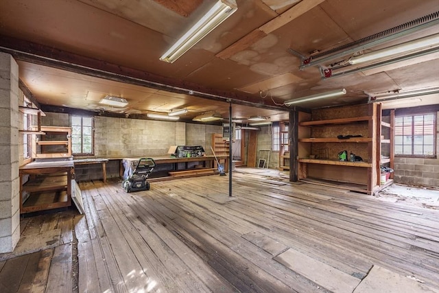 below grade area with hardwood / wood-style floors and concrete block wall