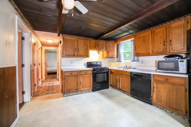 213 Nashua Rd, Billerica, MA 01862 - kitchen featuring black appliances, a wood ceiling with exposed beams, light countertops, brown cabinets, and light floors