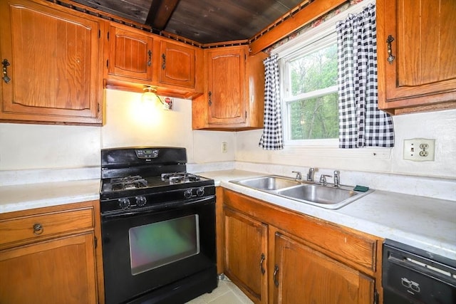 213 Nashua Rd, Billerica, MA 01862 - kitchen featuring black appliances, light countertops, wood ceiling, and brown cabinets