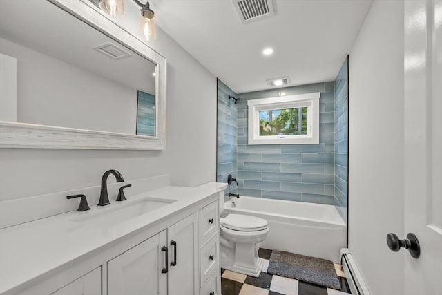 3 Laurie, Harwich, MA 02646 - bathroom featuring vanity, toilet, a baseboard heating unit, and shower / tub combination