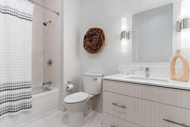 full bathroom featuring shower / bath combination with curtain, vanity, and toilet