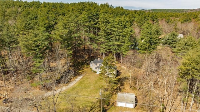 drone / aerial view with a wooded view