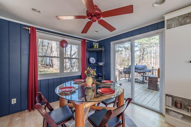 dining space featuring crown molding, a ceiling fan, plenty of natural light, and light wood finished floors