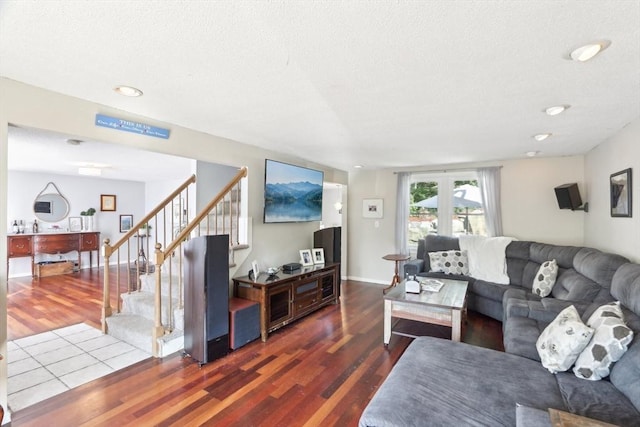 23 Jasmine Ct, Dracut, MA 01826 - living area with wood finished floors, stairway, a textured ceiling, and recessed lighting