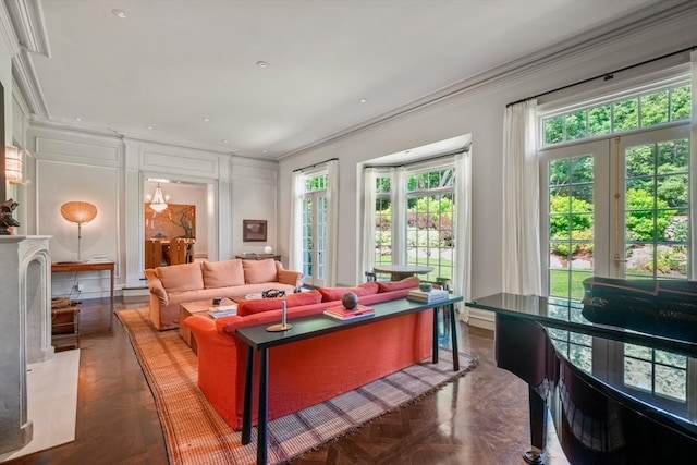 living room with ornamental molding