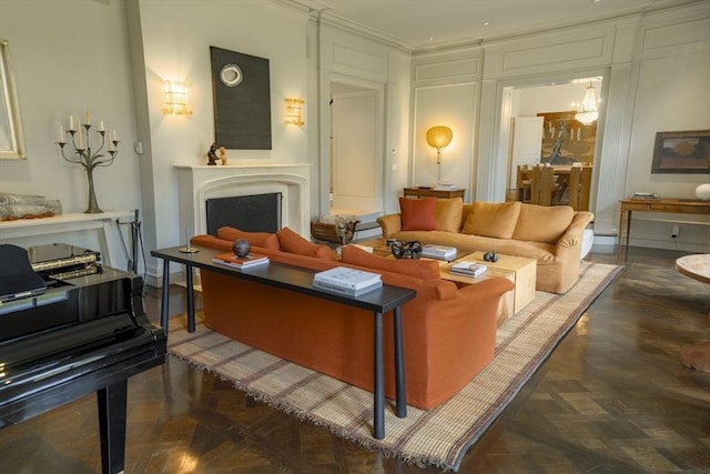 interior space with ornamental molding and dark parquet floors