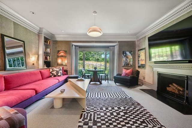 living room featuring crown molding and carpet floors