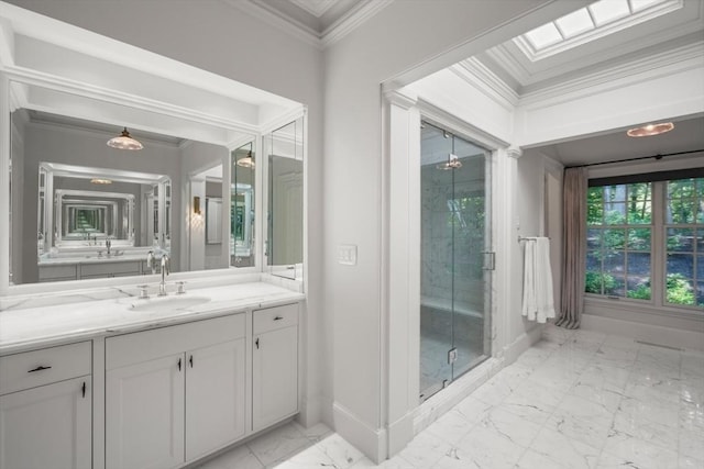 bathroom featuring an enclosed shower, crown molding, and vanity