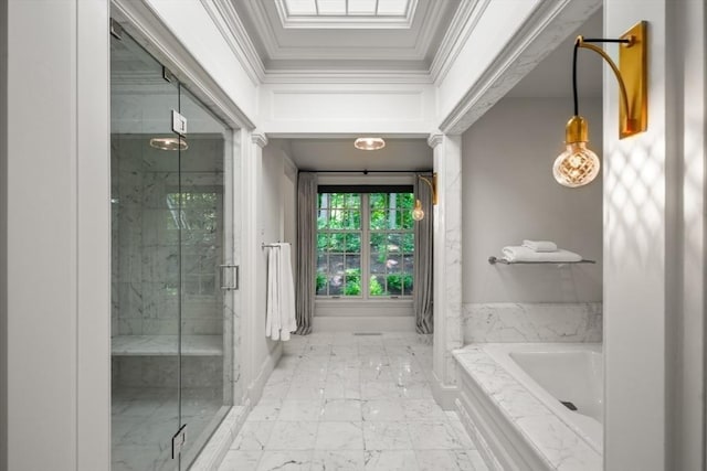 bathroom with crown molding and separate shower and tub