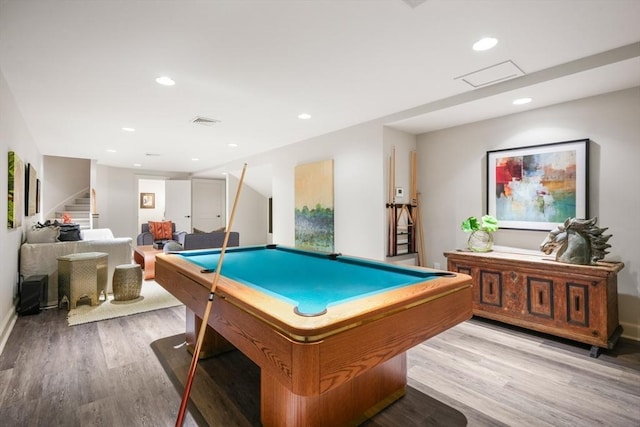 game room featuring light hardwood / wood-style flooring and billiards