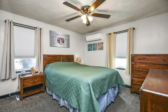 carpeted bedroom featuring ceiling fan, multiple windows, and a wall unit AC