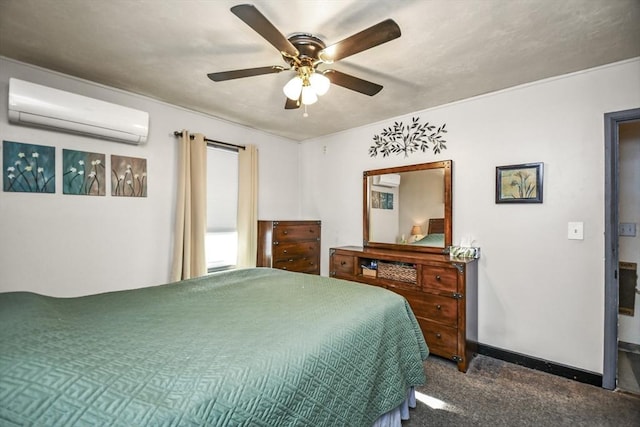 carpeted bedroom featuring ceiling fan and a wall mounted air conditioner