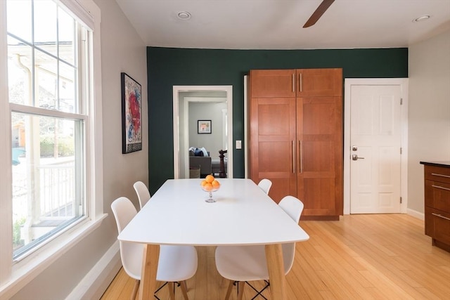 dining space with baseboards, plenty of natural light, a ceiling fan, and light wood finished floors