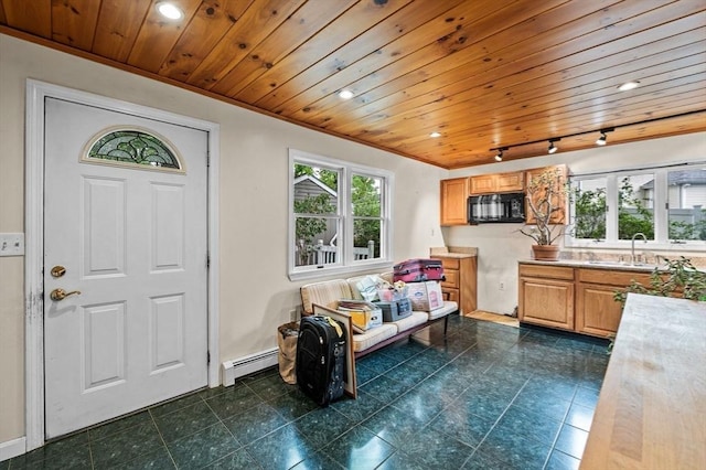 5 Emery Ct, Stoneham, MA 02180 - entryway with a baseboard radiator, crown molding, wooden ceiling, rail lighting, and recessed lighting